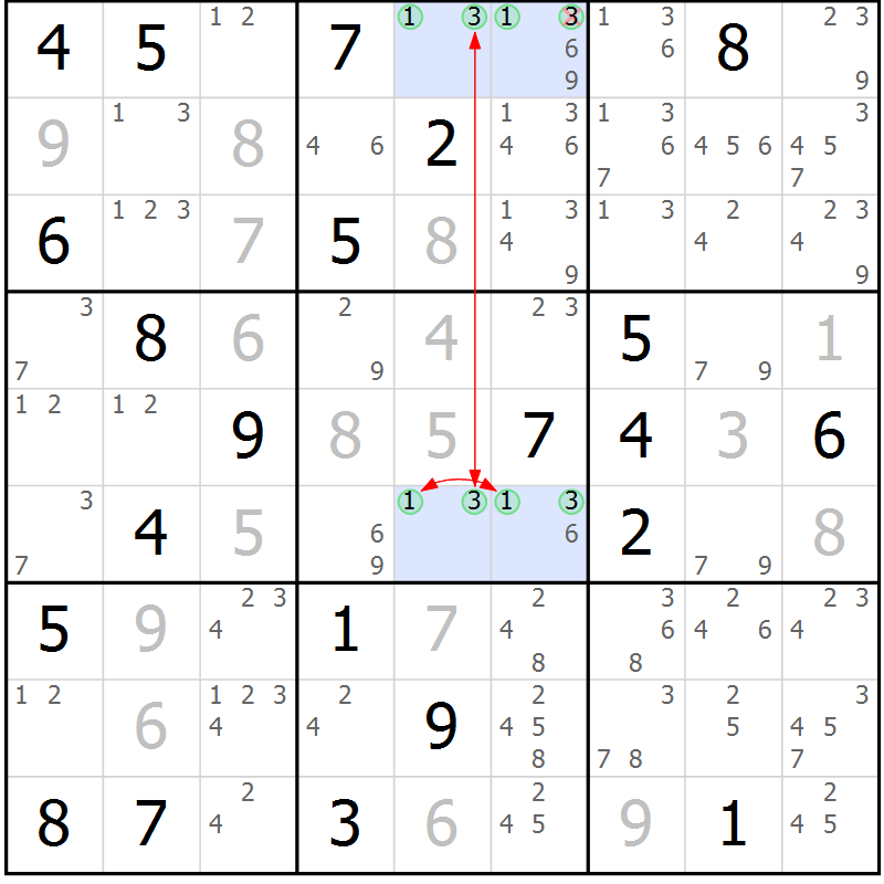 Position des candidats pour la solution de la Gr 16 page 19 du magazine de sudoku Sudoku Suprême n° 037