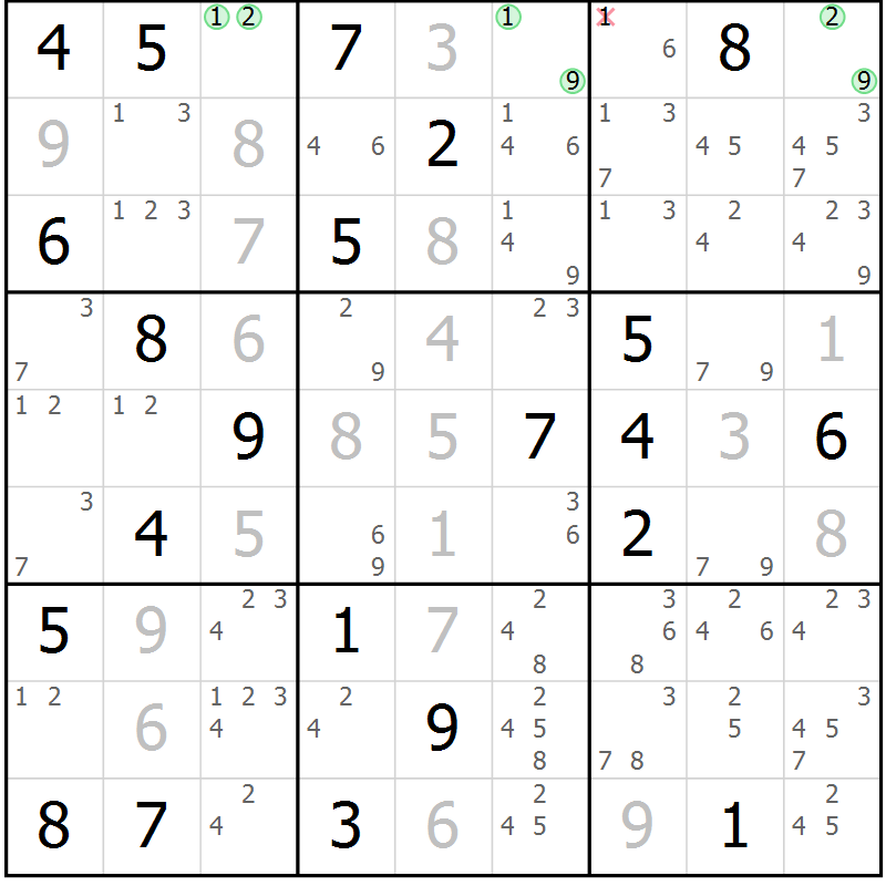 Position des candidats pour la solution de la Gr 16 page 19 du magazine de sudoku Sudoku Suprême n° 037