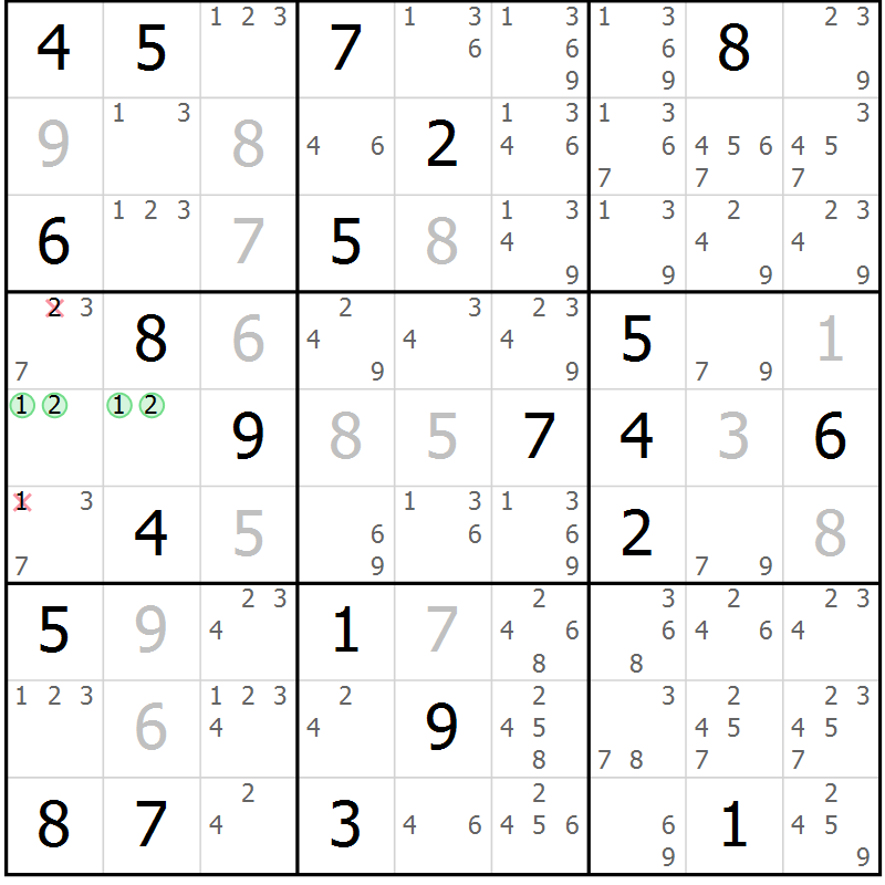 Position des candidats pour la solution de la Gr 16 page 19 du magazine de sudoku Sudoku Suprême n° 037