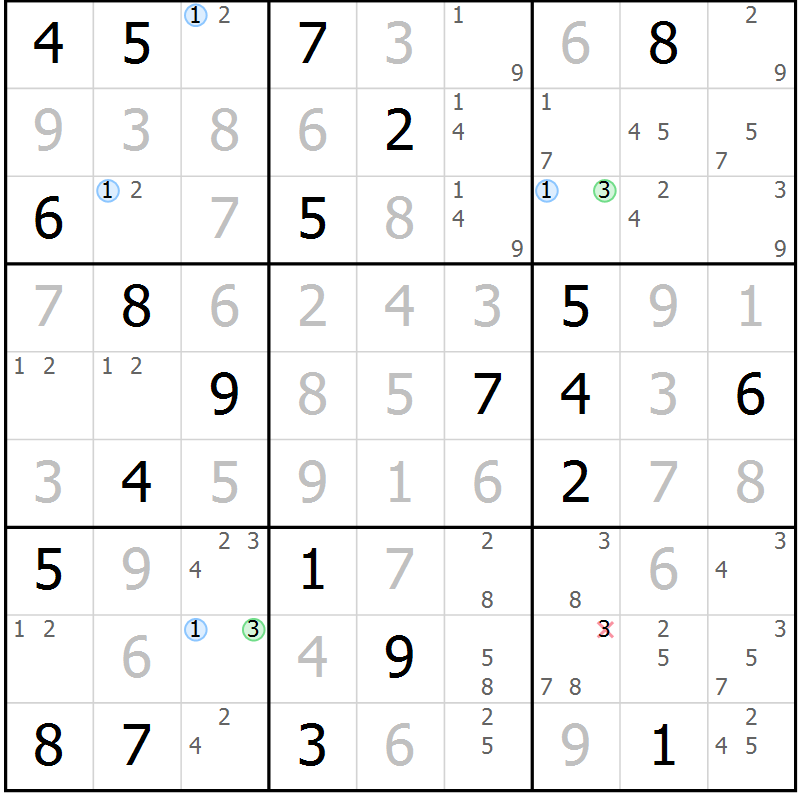 Position des candidats pour la solution de la Gr 16 page 19 du magazine de sudoku Sudoku Suprême n° 037