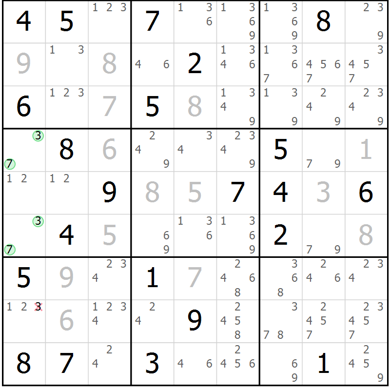 Position des candidats pour la solution de la Gr 16 page 19 du magazine de sudoku Sudoku Suprême n° 037