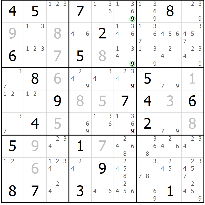Position des candidats pour la solution de la Gr 16 page 19 du magazine de sudoku Sudoku Suprême n° 037