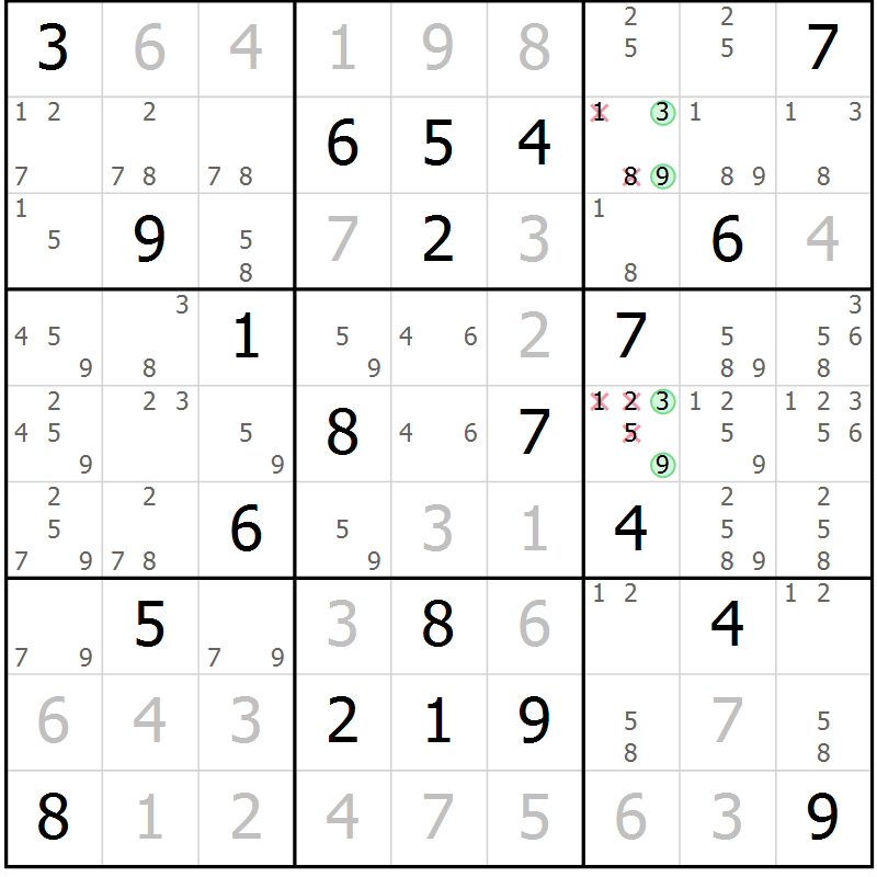 Position des candidats pour la solution de la Gr 17 page 20 du magazine de sudoku Sudoku Suprême n° 037