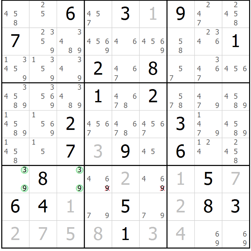 Position des candidats pour la solution de la Gr 18 page 21 du magazine de sudoku Sudoku Suprême n° 037