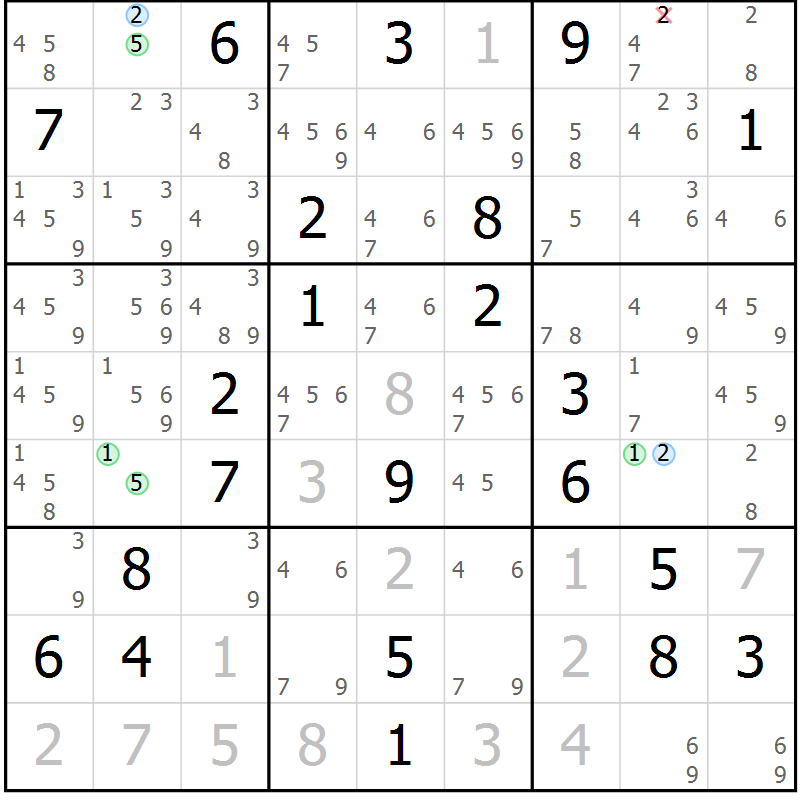 Position des candidats pour la solution de la Gr 18 page 21 du magazine de sudoku Sudoku Suprême n° 037