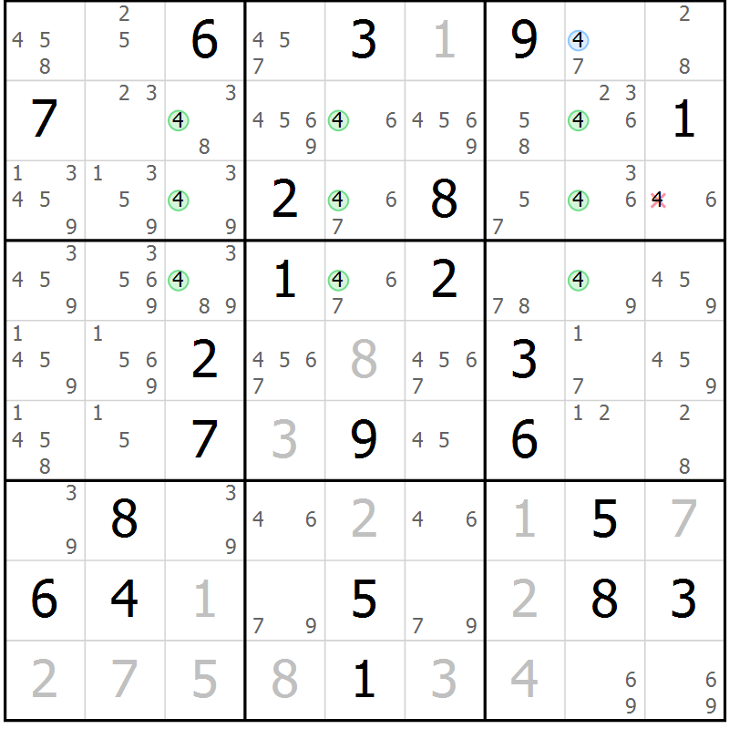 Position des candidats pour la solution de la Gr 18 page 21 du magazine de sudoku Sudoku Suprême n° 037