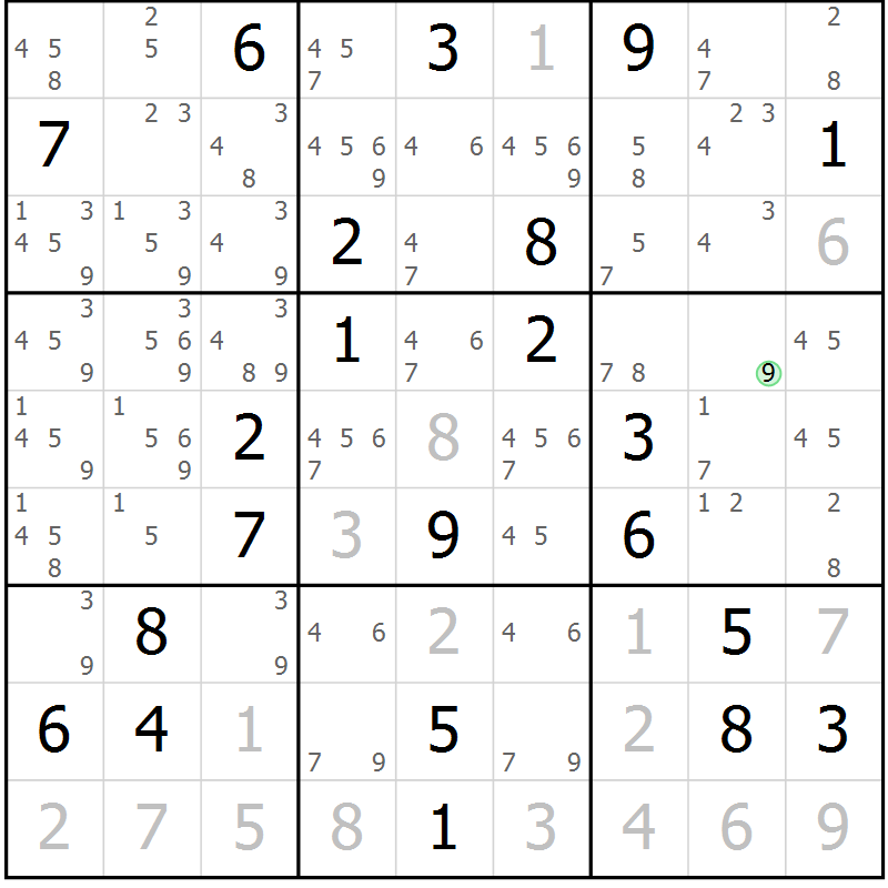 Position des candidats pour la solution de la Gr 18 page 21 du magazine de sudoku Sudoku Suprême n° 037