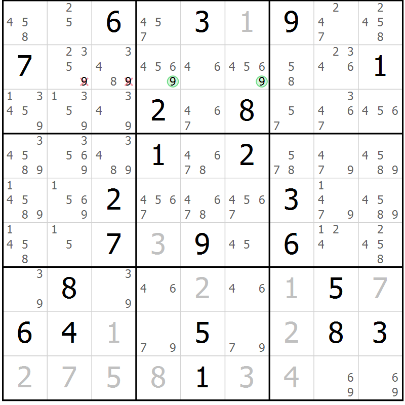 Position des candidats pour la solution de la Gr 18 page 21 du magazine de sudoku Sudoku Suprême n° 037