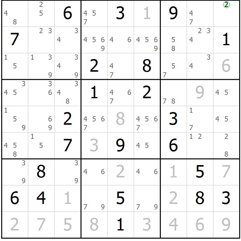Position des candidats pour la solution de la Gr 18 page 21 du magazine de sudoku Sudoku Suprême n° 037
