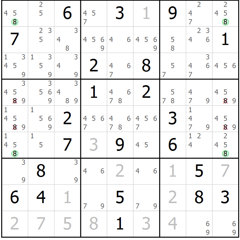Position des candidats pour la solution de la Gr 18 page 21 du magazine de sudoku Sudoku Suprême n° 037