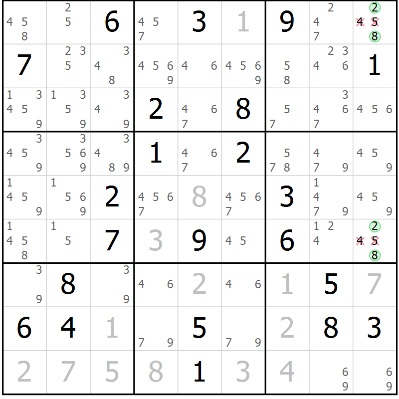 Position des candidats pour la solution de la Gr 18 page 21 du magazine de sudoku Sudoku Suprême n° 037