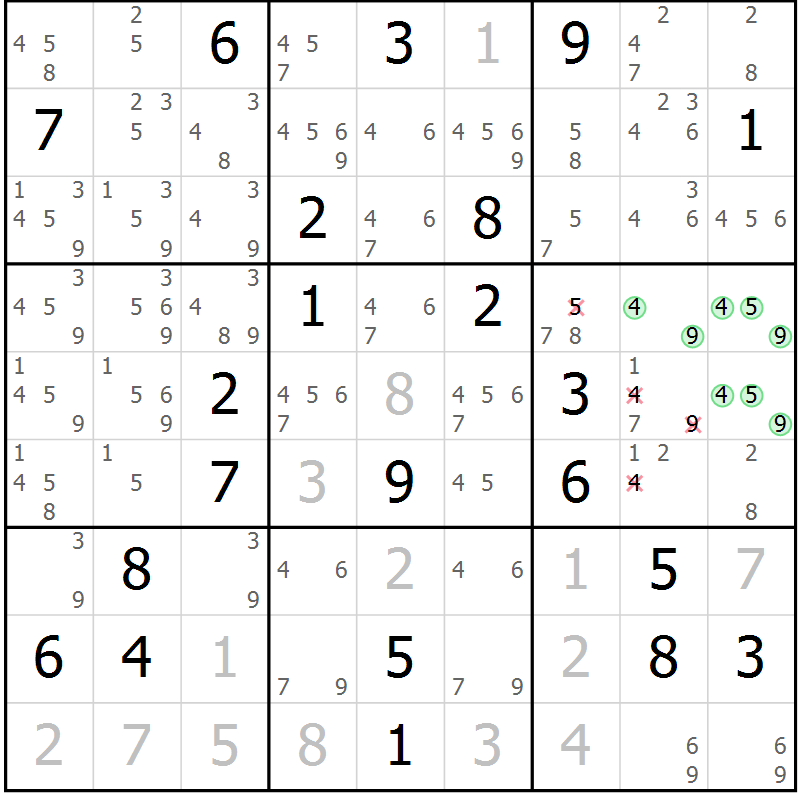 Position des candidats pour la solution de la Gr 18 page 21 du magazine de sudoku Sudoku Suprême n° 037
