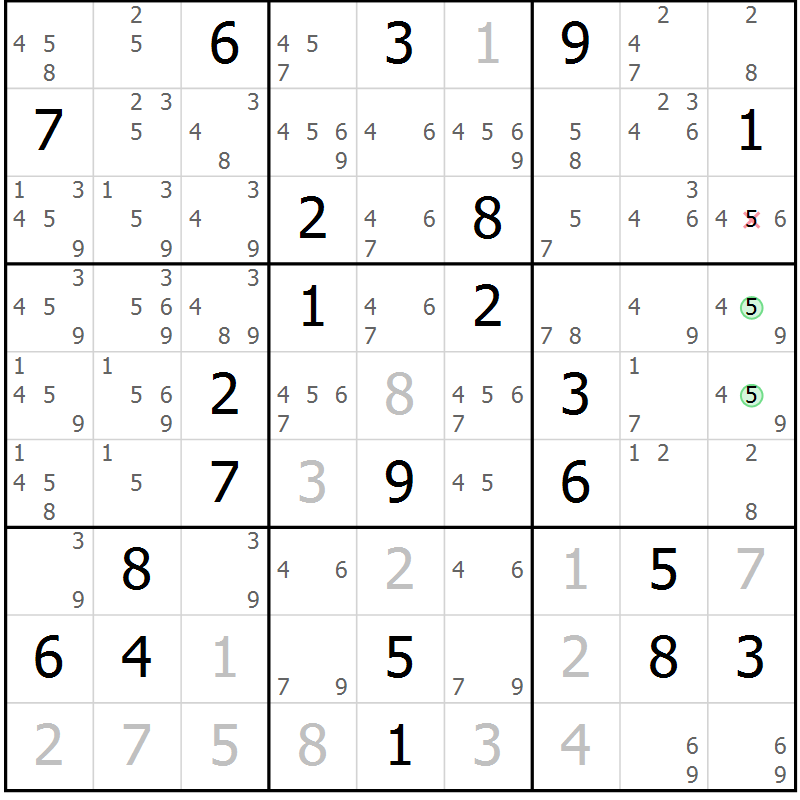 Position des candidats pour la solution de la Gr 18 page 21 du magazine de sudoku Sudoku Suprême n° 037