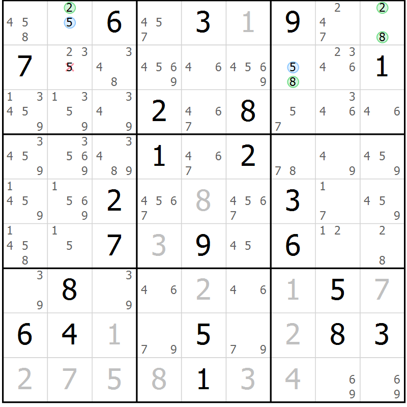 Position des candidats pour la solution de la Gr 18 page 21 du magazine de sudoku Sudoku Suprême n° 037