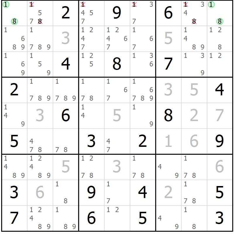 Position des candidats pour la solution de la Gr 19 page 22 du magazine de sudoku Sudoku Suprême n° 037