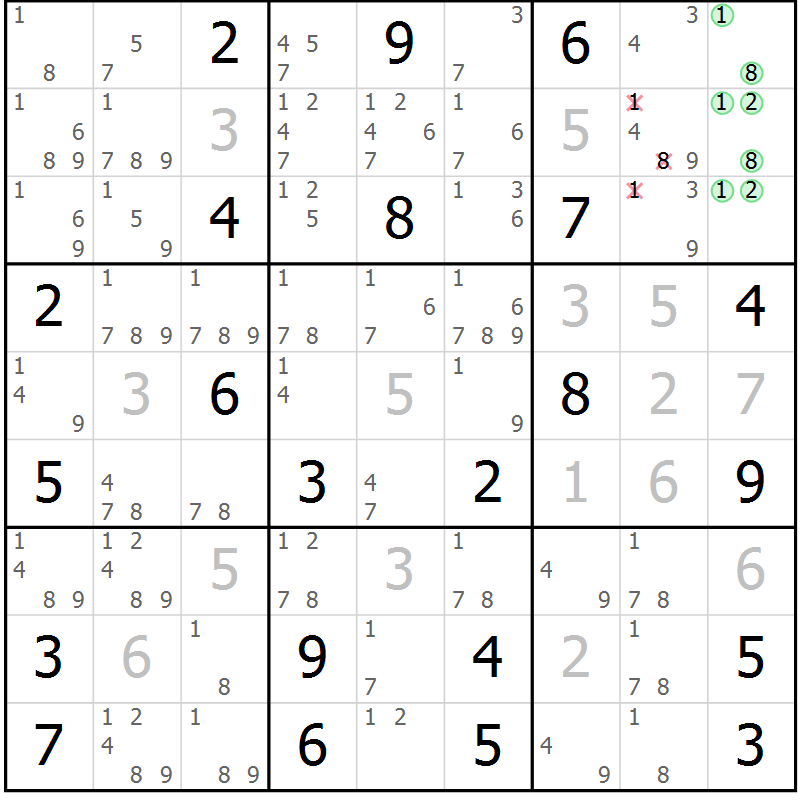 Position des candidats pour la solution de la Gr 19 page 22 du magazine de sudoku Sudoku Suprême n° 037