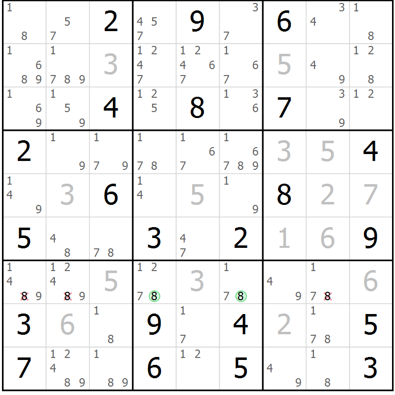 Position des candidats pour la solution de la Gr 19 page 22 du magazine de sudoku Sudoku Suprême n° 037