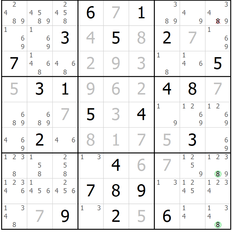 Position des candidats pour la solution de la Gr 2 page 5 du magazine de sudoku Sudoku Suprême n° 037