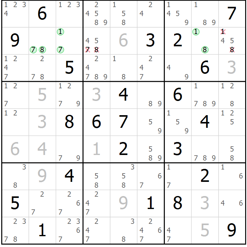 Position des candidats pour la solution de la Gr 22 page 25 du magazine de sudoku Sudoku Suprême n° 037