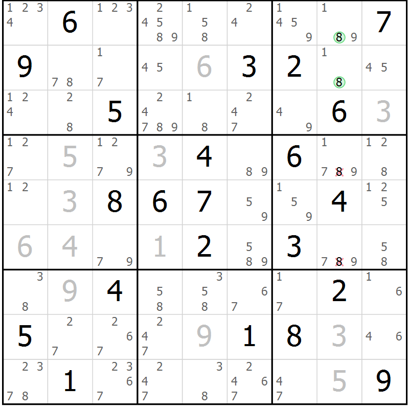 Position des candidats pour la solution de la Gr 22 page 25 du magazine de sudoku Sudoku Suprême n° 037