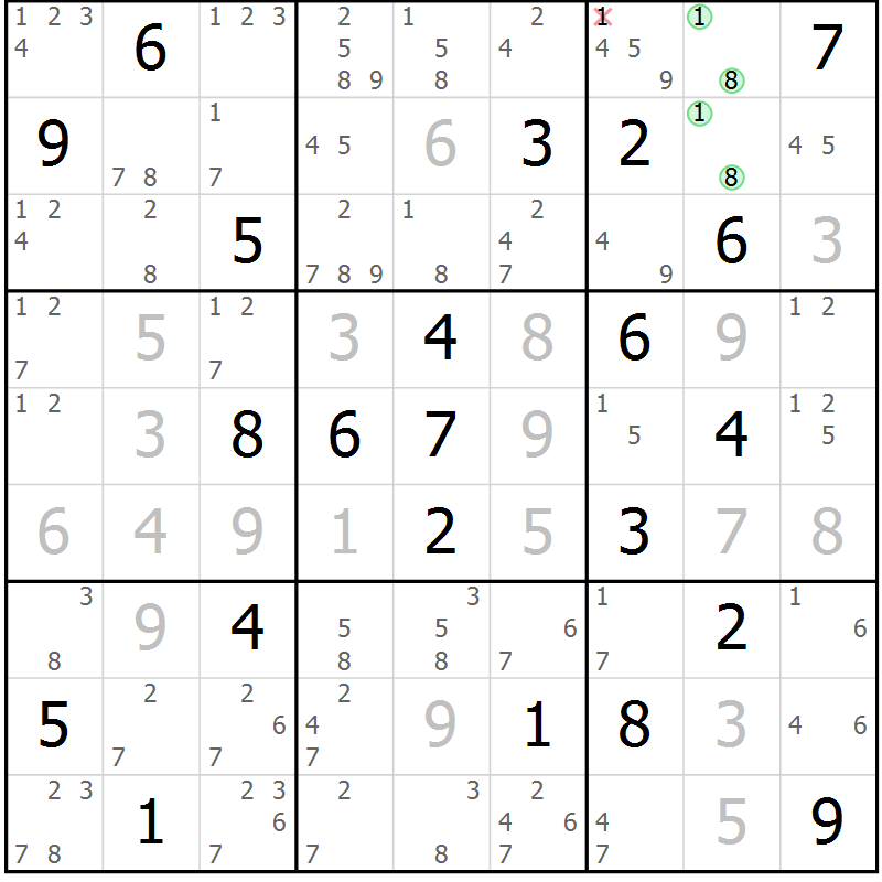 Position des candidats pour la solution de la Gr 22 page 25 du magazine de sudoku Sudoku Suprême n° 037