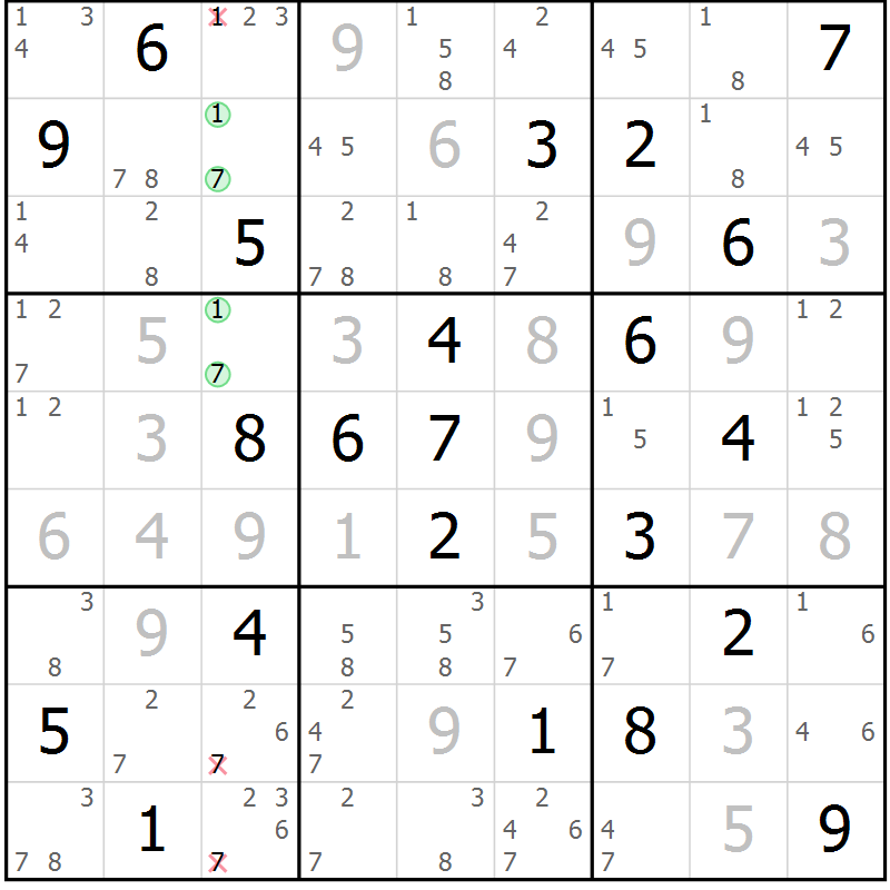 Position des candidats pour la solution de la Gr 22 page 25 du magazine de sudoku Sudoku Suprême n° 037