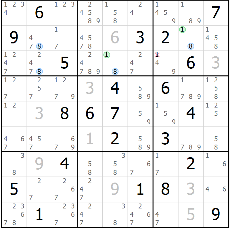 Position des candidats pour la solution de la Gr 22 page 25 du magazine de sudoku Sudoku Suprême n° 037