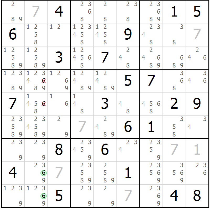 Position des candidats pour la solution de la Gr 23 page 26 du magazine de sudoku Sudoku Suprême n° 037