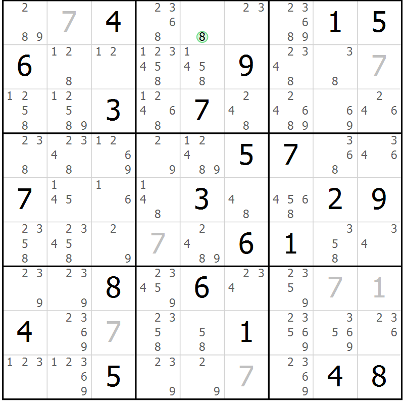 Position des candidats pour la solution de la Gr 23 page 26 du magazine de sudoku Sudoku Suprême n° 037