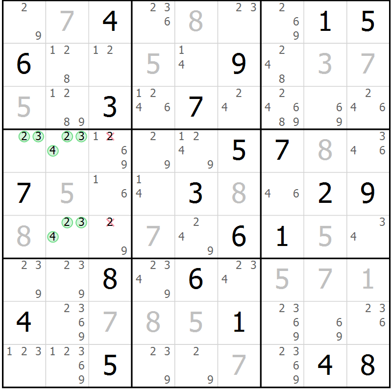 Position des candidats pour la solution de la Gr 23 page 26 du magazine de sudoku Sudoku Suprême n° 037