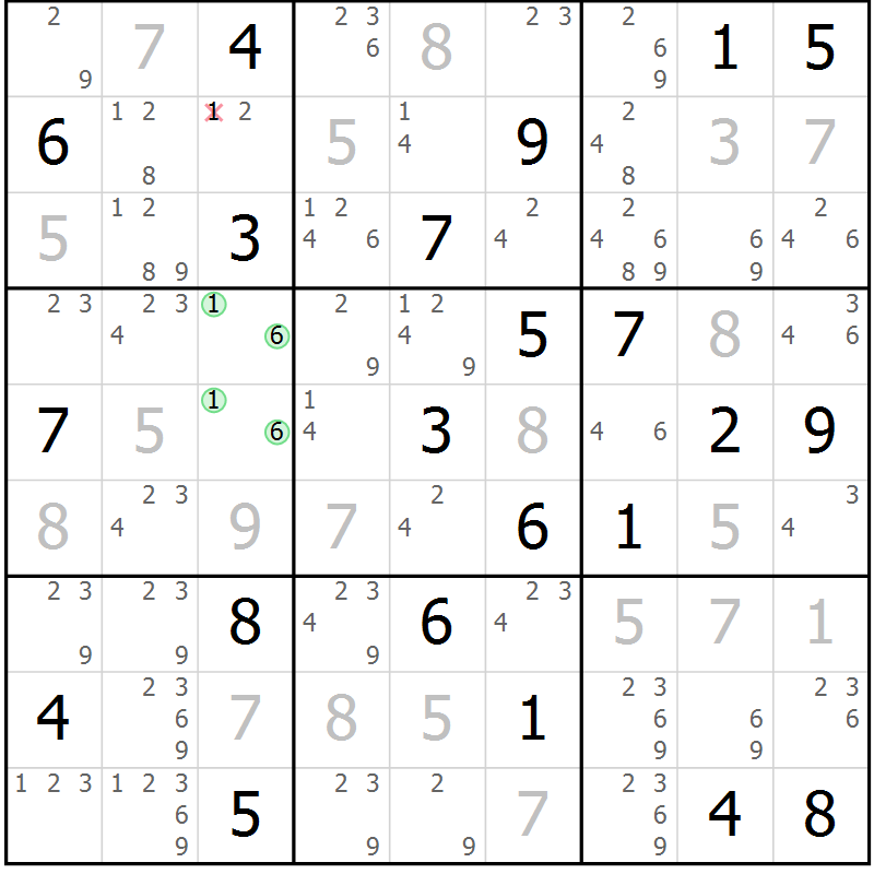 Position des candidats pour la solution de la Gr 23 page 26 du magazine de sudoku Sudoku Suprême n° 037