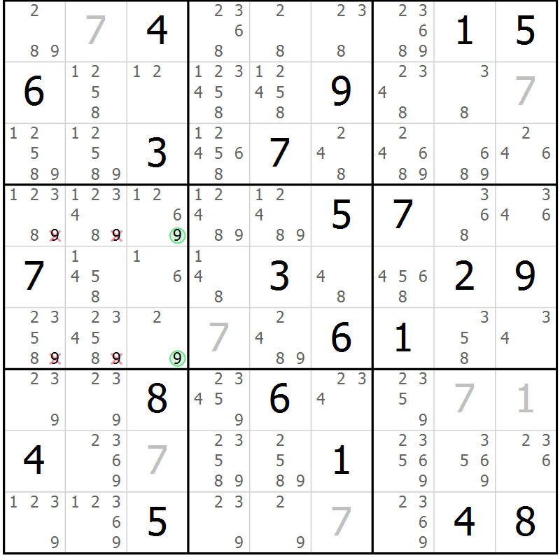 Position des candidats pour la solution de la Gr 23 page 26 du magazine de sudoku Sudoku Suprême n° 037