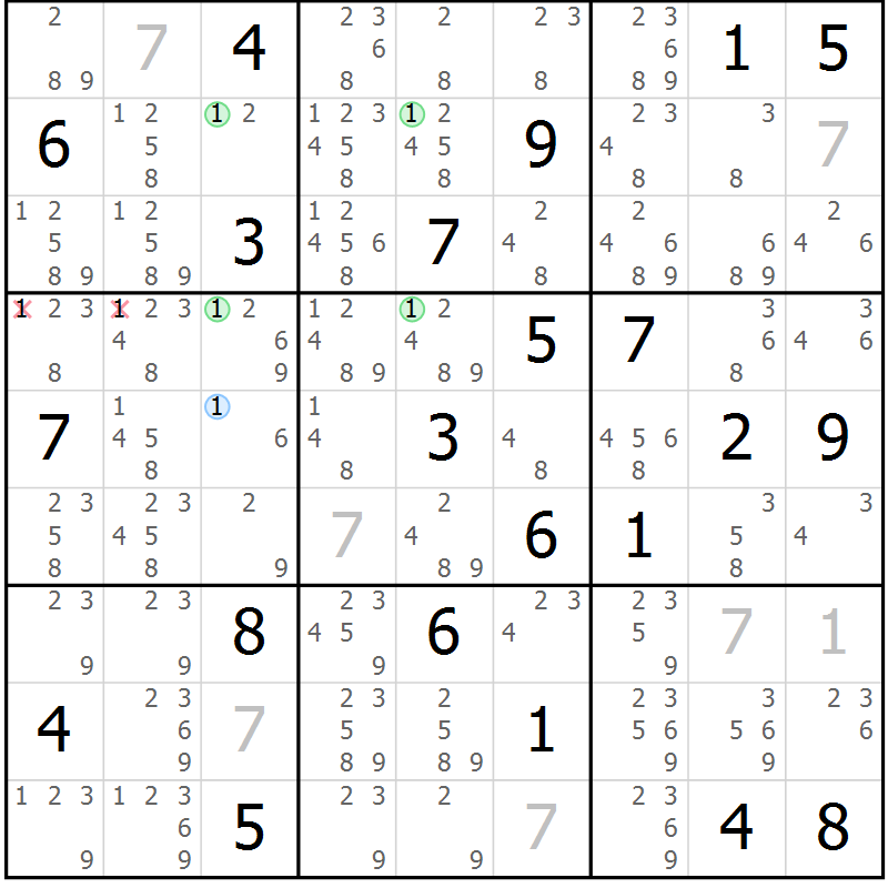 Position des candidats pour la solution de la Gr 23 page 26 du magazine de sudoku Sudoku Suprême n° 037