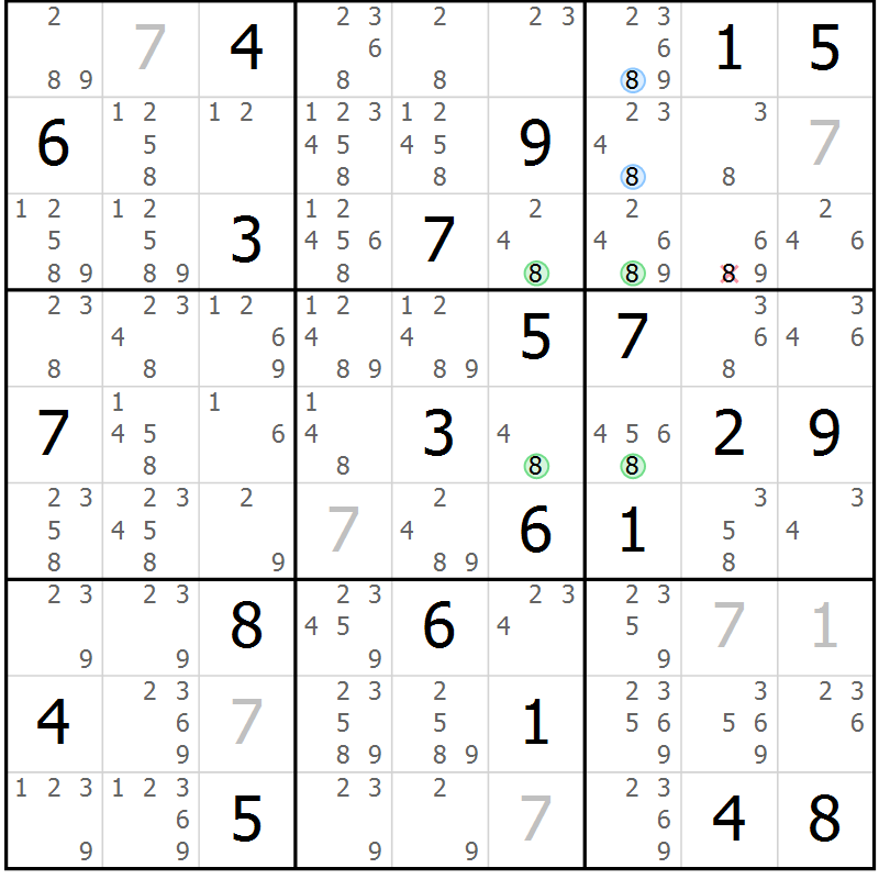Position des candidats pour la solution de la Gr 23 page 26 du magazine de sudoku Sudoku Suprême n° 037