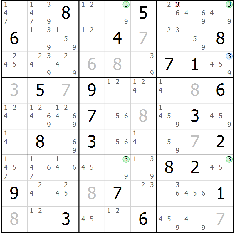 Position des candidats pour la solution de la Gr 24 page 27 du magazine de sudoku Sudoku Suprême n° 037