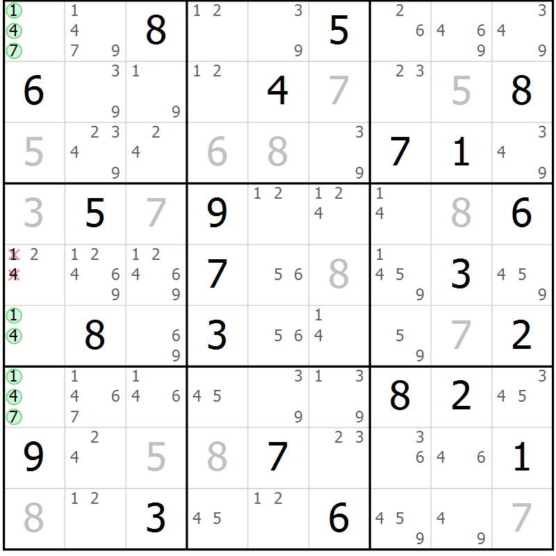 Position des candidats pour la solution de la Gr 24 page 27 du magazine de sudoku Sudoku Suprême n° 037