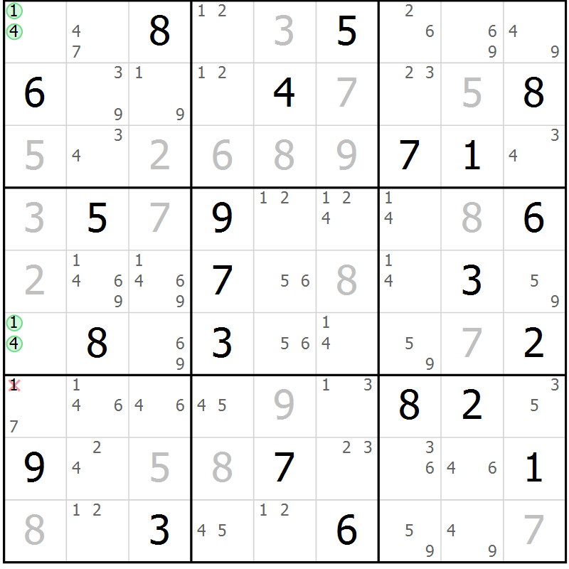 Position des candidats pour la solution de la Gr 24 page 27 du magazine de sudoku Sudoku Suprême n° 037