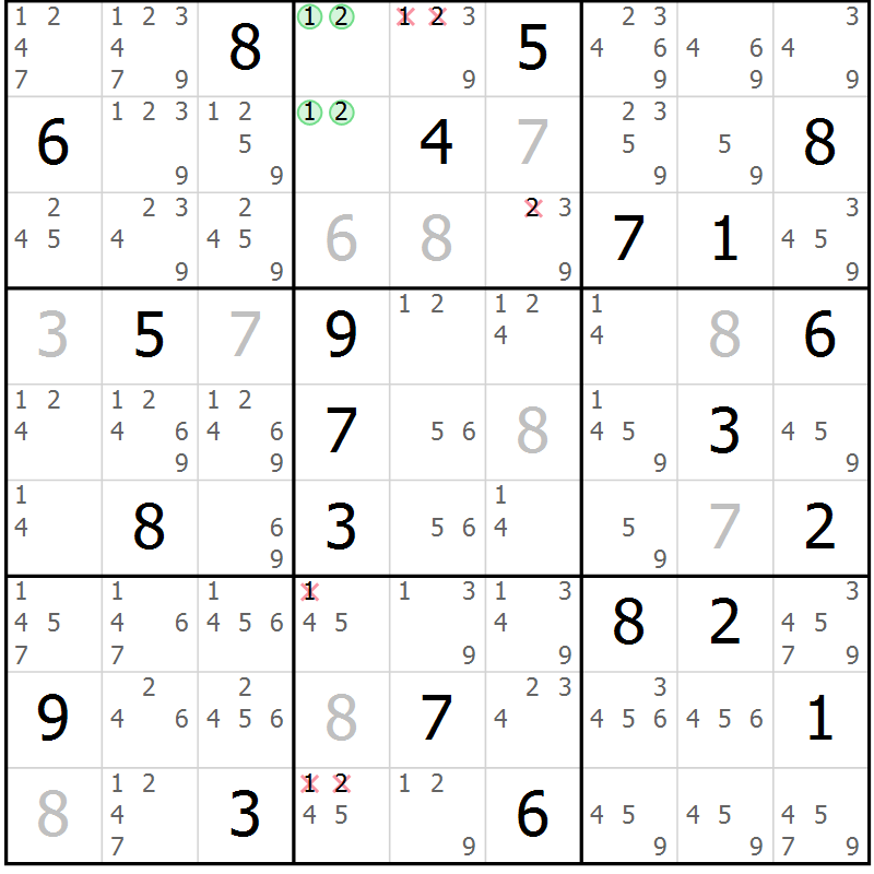 Position des candidats pour la solution de la Gr 24 page 27 du magazine de sudoku Sudoku Suprême n° 037