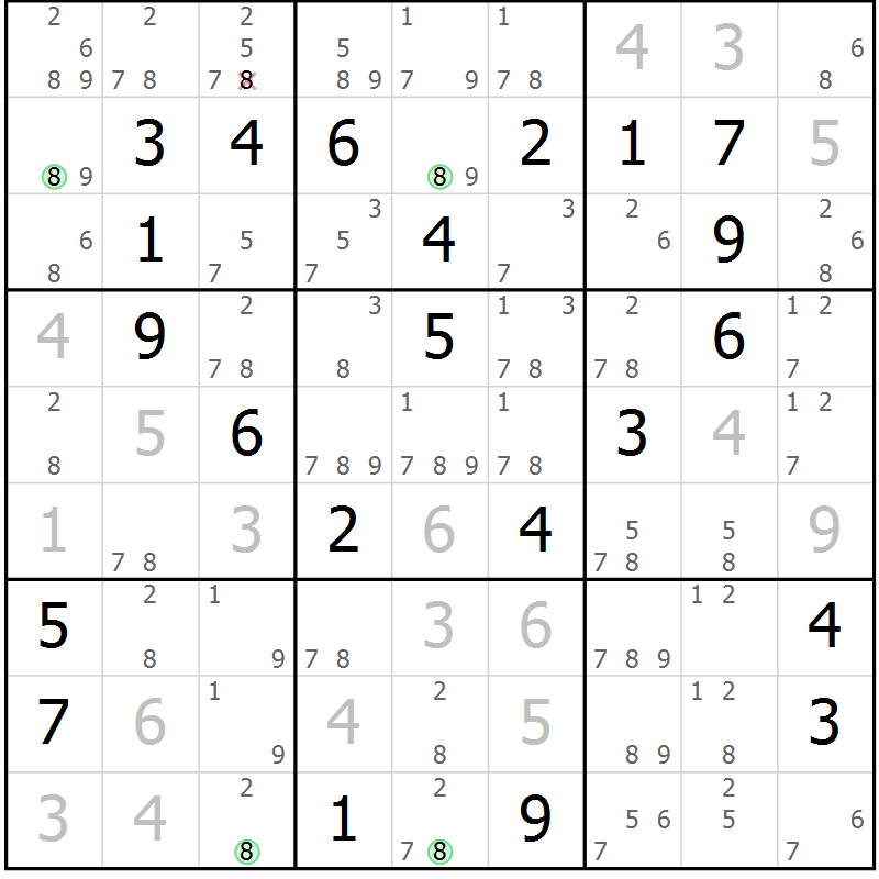 Position des candidats pour la solution de la Gr 25 page 28 du magazine de sudoku Sudoku Suprême n° 037