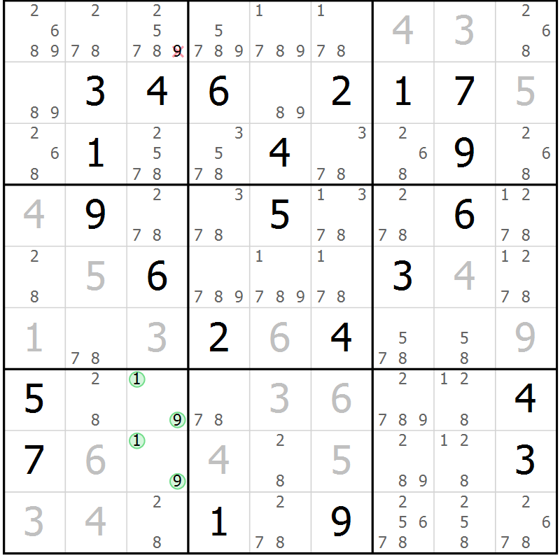 Position des candidats pour la solution de la Gr 25 page 28 du magazine de sudoku Sudoku Suprême n° 037