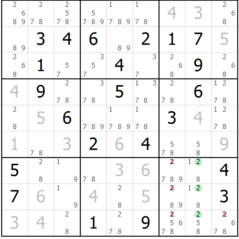 Position des candidats pour la solution de la Gr 25 page 28 du magazine de sudoku Sudoku Suprême n° 037