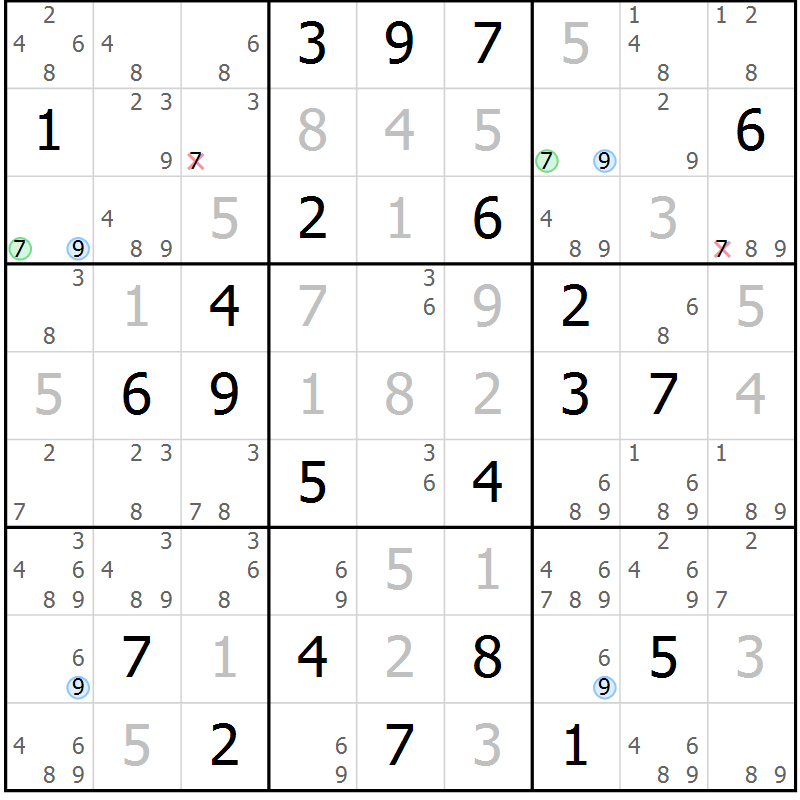 Position des candidats pour la solution de la Gr 26 page 29 du magazine de sudoku Sudoku Suprême n° 037