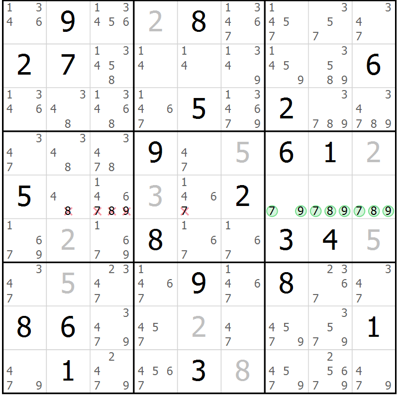 Position des candidats pour la solution de la Gr 27 page 30 du magazine de sudoku Sudoku Suprême n° 037