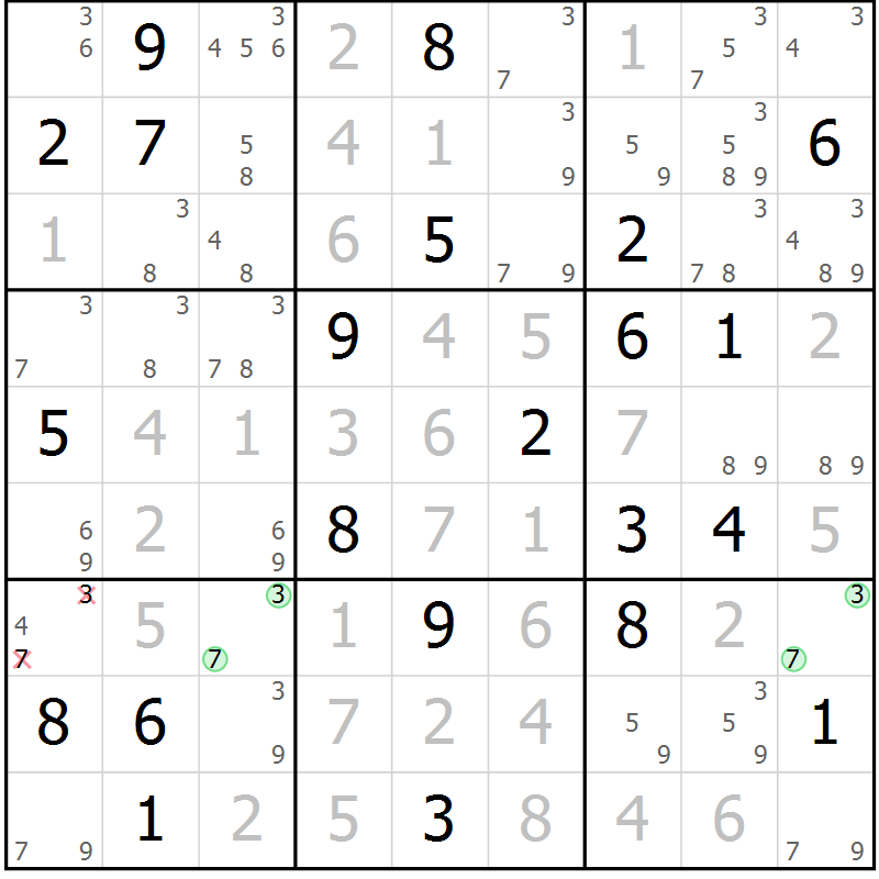 Position des candidats pour la solution de la Gr 27 page 30 du magazine de sudoku Sudoku Suprême n° 037