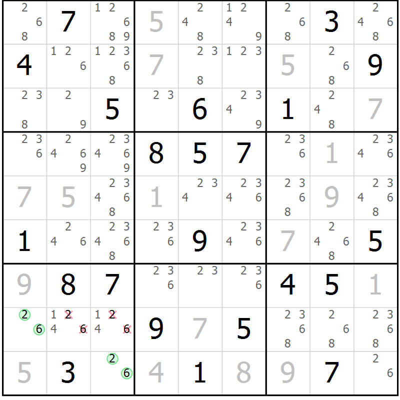 Position des candidats pour la solution de la Gr 28 page 31 du magazine de sudoku Sudoku Suprême n° 037