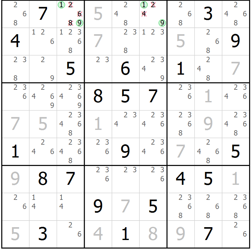 Position des candidats pour la solution de la Gr 28 page 31 du magazine de sudoku Sudoku Suprême n° 037