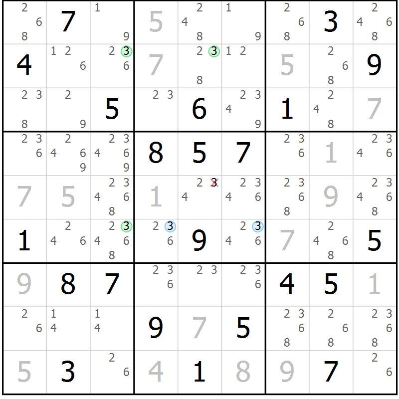 Position des candidats pour la solution de la Gr 28 page 31 du magazine de sudoku Sudoku Suprême n° 037