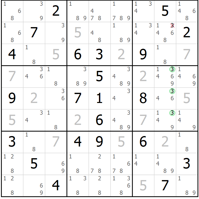 Position des candidats pour la solution de la Gr 29 page 32 du magazine de sudoku Sudoku Suprême n° 037