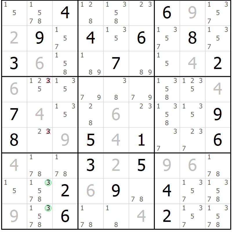 Position des candidats pour la solution de la Gr 3 page 6 du magazine de sudoku Sudoku Suprême n° 037