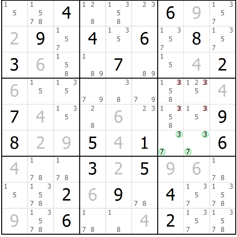 Position des candidats pour la solution de la Gr 3 page 6 du magazine de sudoku Sudoku Suprême n° 037